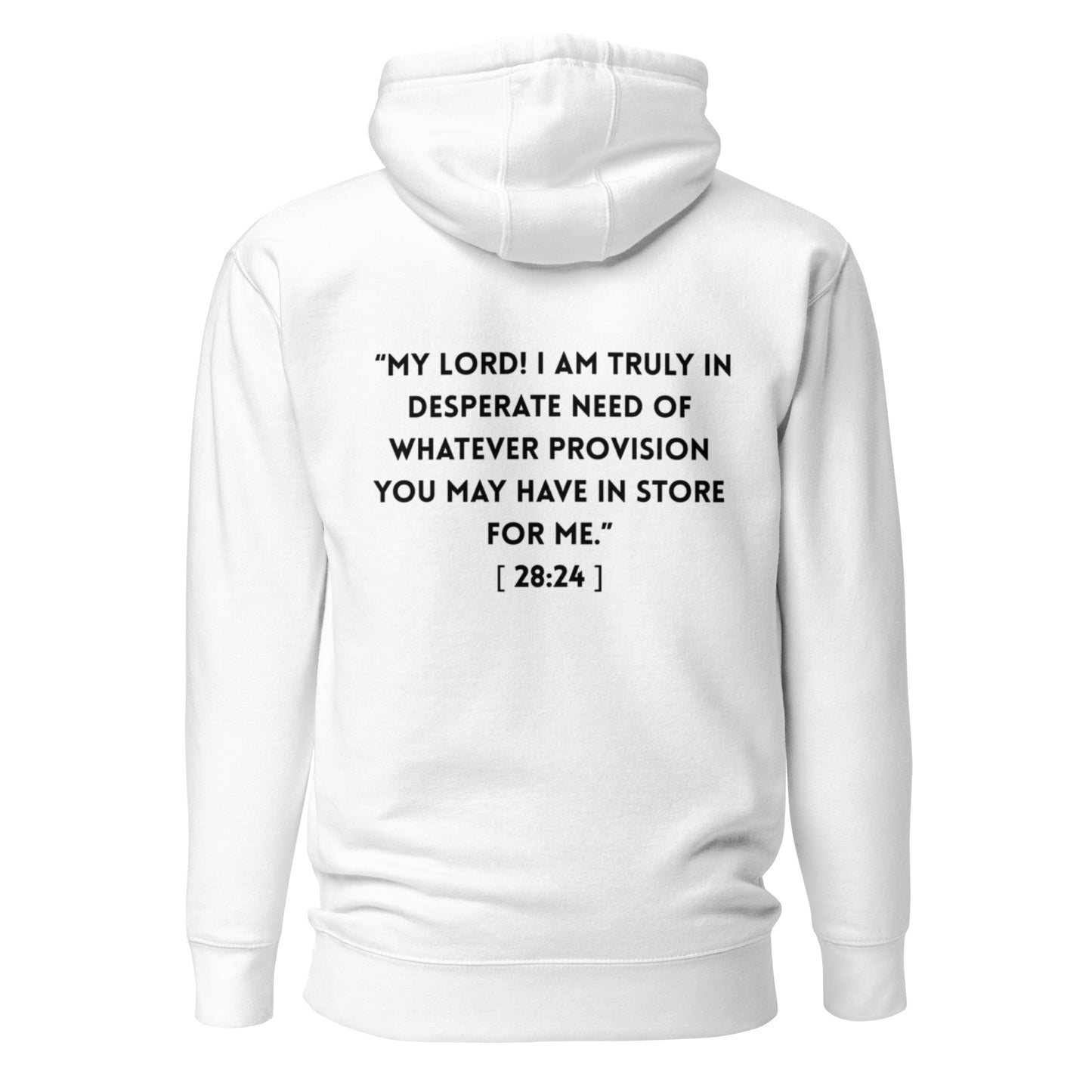 Carry a powerful reminder of compassion and divine assistance with our Qur’an 28:24 Hoodie. The back features the beautiful verse where Musa (AS) turns to Allah saying, “My Lord, truly I am in need of whatever good You send down to me.”
On the front, a minimalist figure stands with his hands raised — a universal symbol of humility, dua, and turning to Allah in moments of need. Together, the front and back design tell a story of reliance, sincerity, and hope.