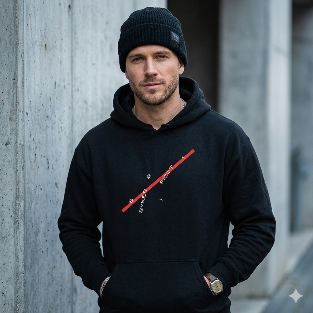 Man wearing a black hoodie with a red graphic design, standing against a concrete wall.