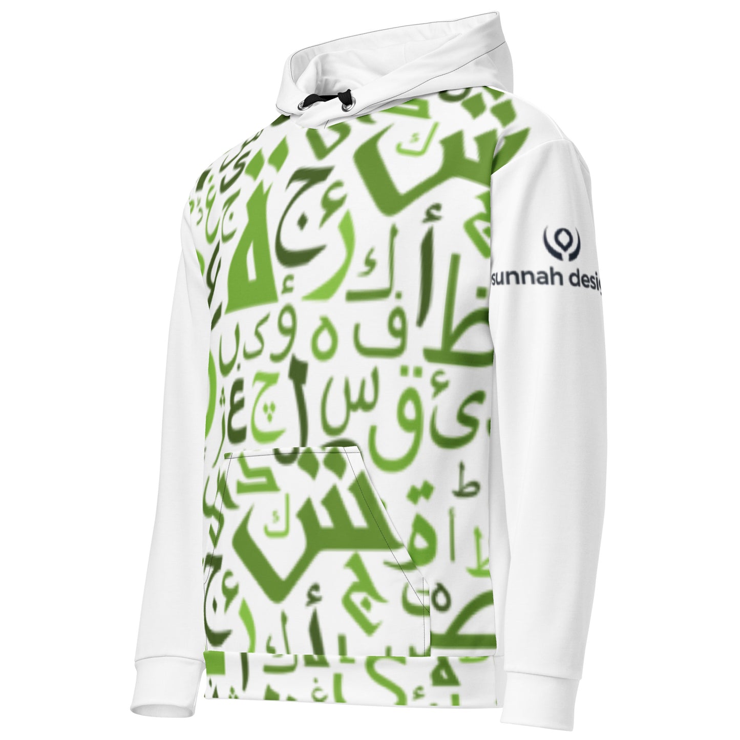 This white hoodie is designed to feel calm, intentional, and timeless. Covered in an all-over pattern of Arabic letters in a stylish green font, it draws inspiration from the beauty of the Arabic script itself — not as loud text, but as art. The letters flow across the fabric, creating a design that feels both modern and deeply rooted in tradition.