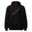 Black hoodie with a red graphic design on a white background