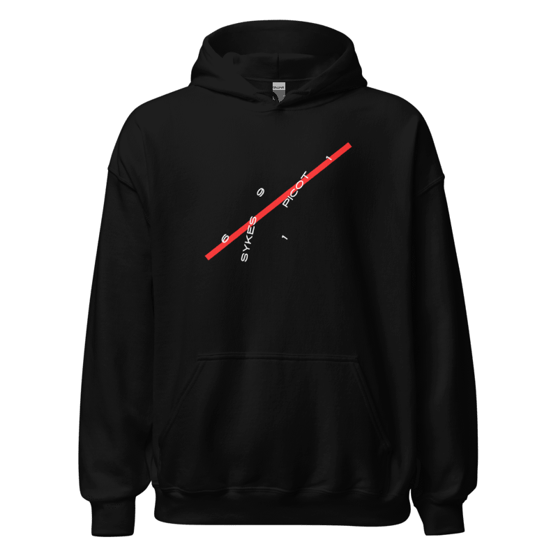 Black hoodie with a red graphic design on a white background